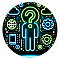 Icono de adaptación tecnológica mostrando un humano con símbolos de pregunta, engranajes, y tecnología, representando la adaptación a nuevas herramientas digitales en Kai Growth - Christian Cruz.