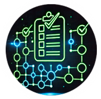 Icono de gestión de proyectos con un portapapeles y marcas de verificación conectadas a nodos de red, representando la planificación y seguimiento de proyectos en Kai Growth - Christian Cruz