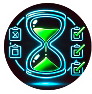 Icono de gestión del tiempo y productividad con un reloj de arena y marcas de verificación, simbolizando la eficiencia y organización del tiempo en Kai Growth - Christian Cruz