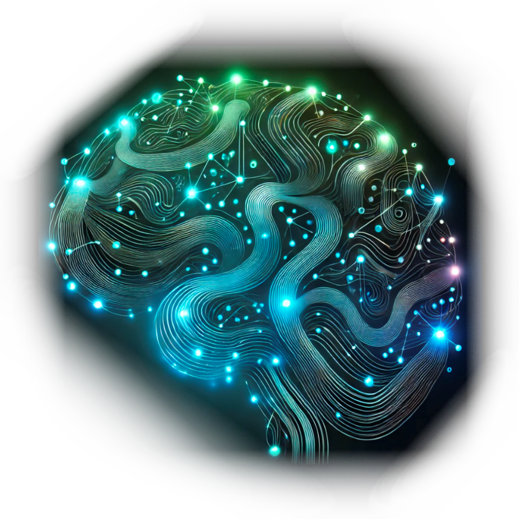 Imagen artística que simboliza redes neuronales y conexiones en el cerebro humano, mostrando un cerebro con patrones en forma de laberinto iluminados por puntos de luz. Esta representación visual, creada por Christian Cruz para Kai Growth, destaca la complejidad y la actividad interconectada del cerebro humano.