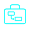 Ícono de maletín con flujo de procesos en estilo neón azul, ideal para representar gestión de tareas y planificación digital