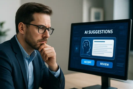 Profesional reflexionando sobre sugerencias de inteligencia artificial en el entorno laboral, simbolizando la importancia del criterio humano en el trabajo