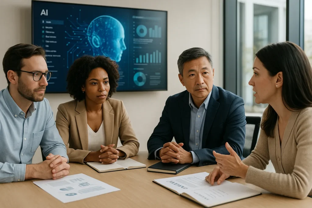Reunión de equipo analizando el impacto de la inteligencia artificial en el entorno laboral, destacando la importancia del criterio humano en el trabajo