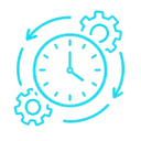 Icono de reloj con engranajes y flechas que representan automatización de tareas repetitivas en estilo neón cyan – Kaigrowth