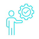 Icono neon de una persona delegando una tarea a un sistema automatizado, representado con un engranaje y un check, estilo Kaigrowth.