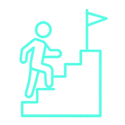 Ícono de figura subiendo una escalera con banderín en la cima, representando progreso y logro de metas en estilo neón verde