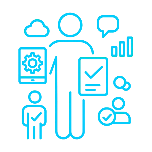 Ícono digital cian de un personaje organizando tareas con tecnología — tablet, checklist, nube y gráficos. Estilo Kaigrowth